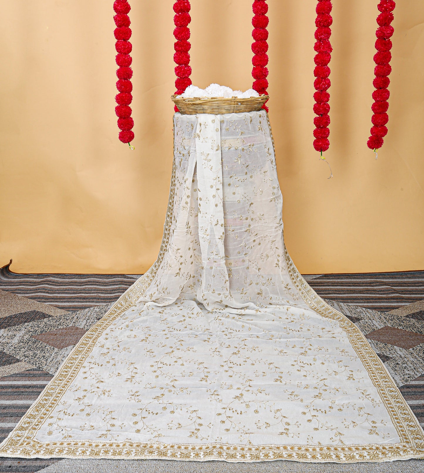 Royal White Georgette Dupatta with Golden Zari Embroidery