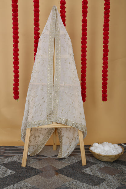 Royal White Georgette Dupatta with Golden Zari Embroidery