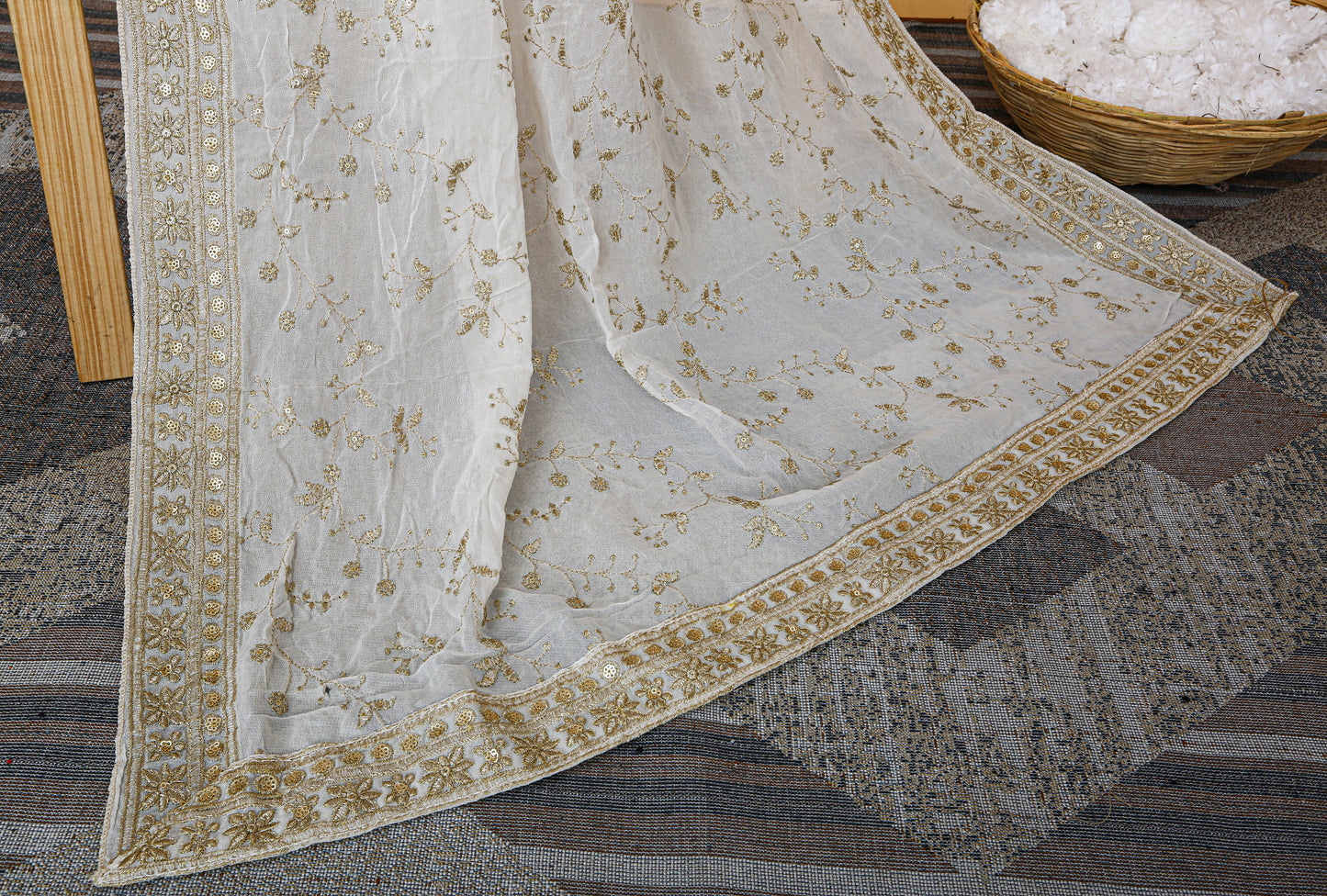 Royal White Georgette Dupatta with Golden Zari Embroidery