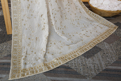 Royal White Georgette Dupatta with Golden Zari Embroidery