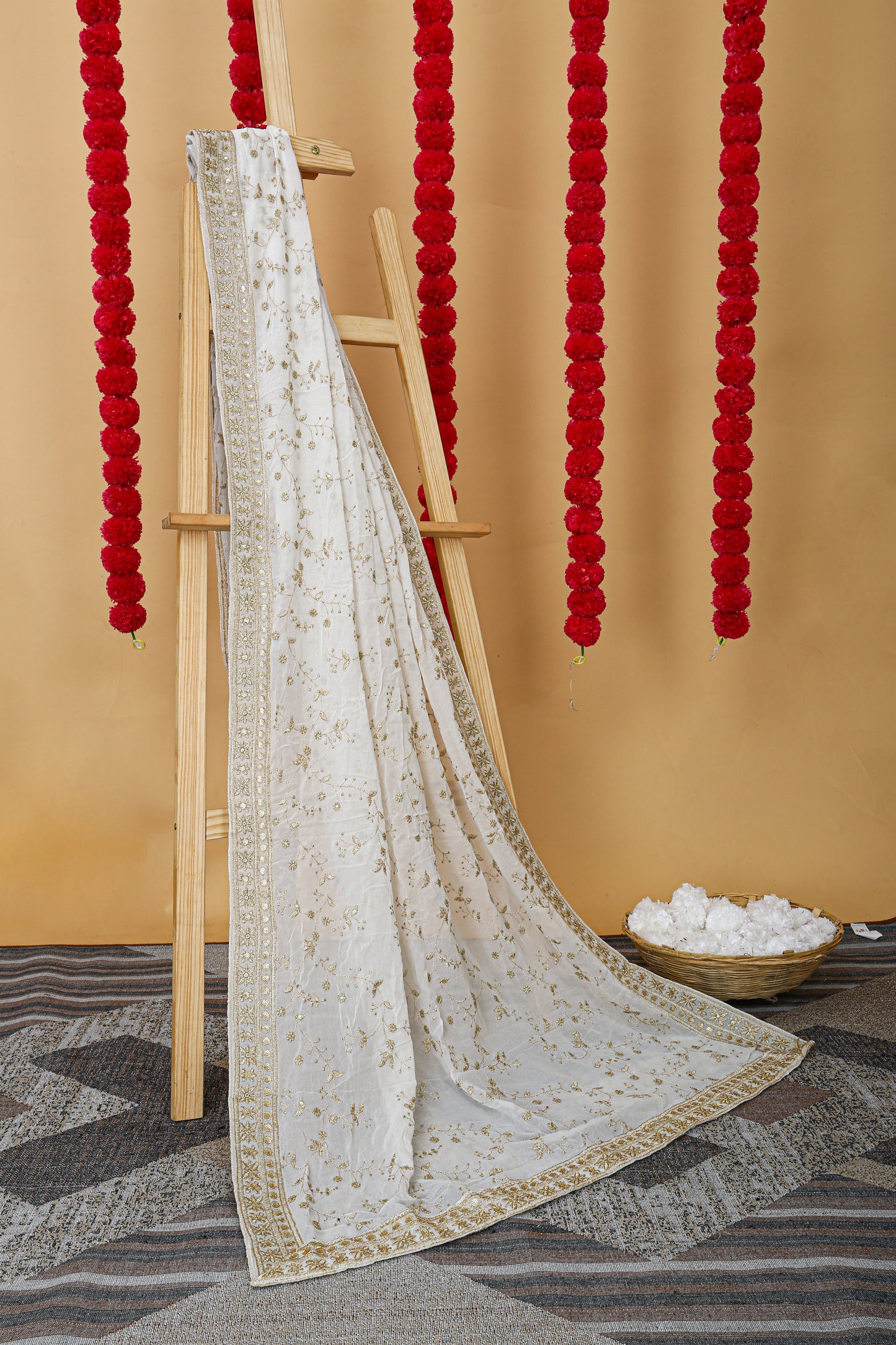Royal White Georgette Dupatta with Golden Zari Embroidery