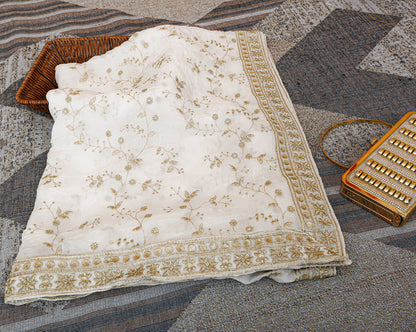 Royal White Georgette Dupatta with Golden Zari Embroidery